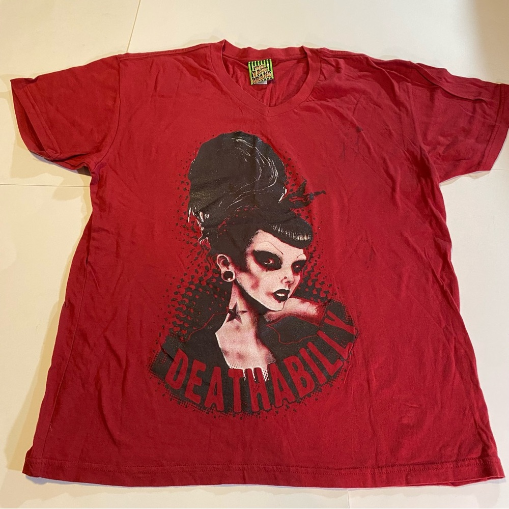 Too Fast Brand Deathabilly Goth tee SZ L GUC see last 2 pic for spot, v-neck